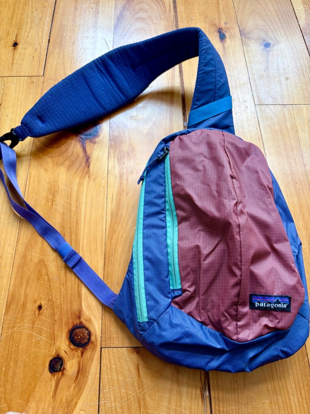 Patagonia Rust and Blue Sling Pack. Great for traveling!
